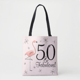 Flamingo Pink '50 and Fabulous!' all over tote bag