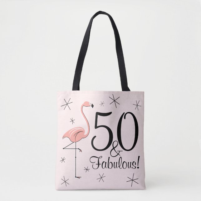 Flamingo Pink '50 and Fabulous!' all over tote bag (Front)