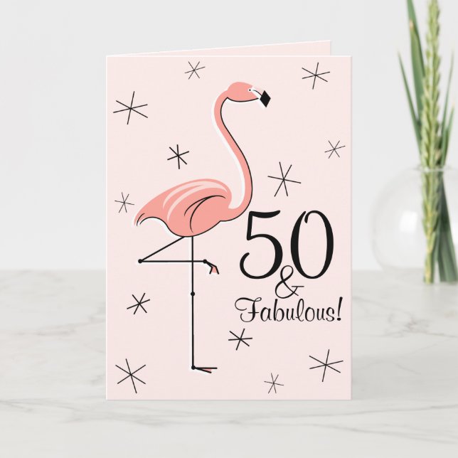 Flamingo Pink 50 and Fabulous! birthday vertical Card (Front)
