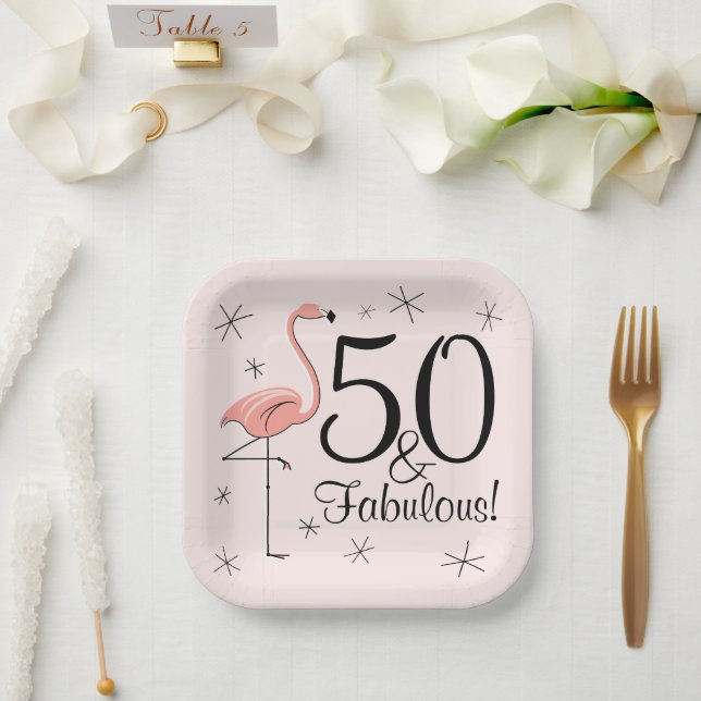 Flamingo Pink 50 and Fabulous square paper plate (Wedding)