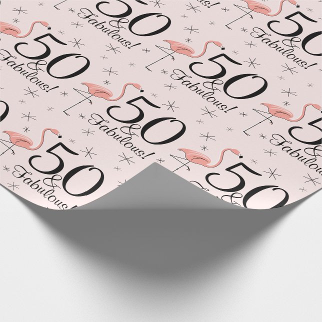 Flamingo Pink '50 and Fabulous!' wrapping paper (Corner)