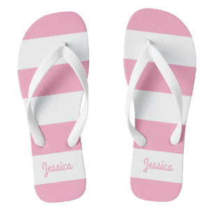 Flamingo Pink and White Stripe Personalised Flip Flops