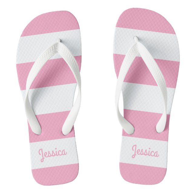 Flamingo Pink and White Stripe Personalised Flip Flops (Footbed)