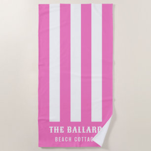 Flamingo Pink and White Stripes   Beach House Beach Towel