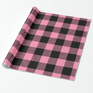 Flamingo Pink Black Huge Buffalo Plaid Lumberjack Wrapping Paper