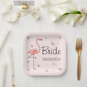 Flamingo Pink Bride and Date square Paper Plate