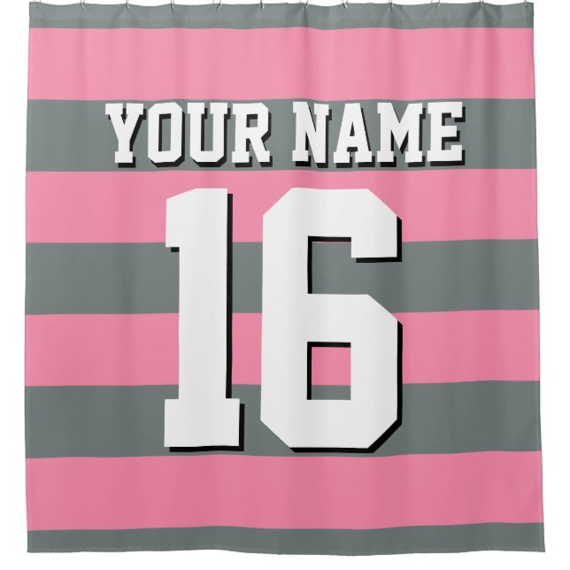 Flamingo Pink Charcoal Sports Jersey Preppy Stripe Shower Curtain (Front)