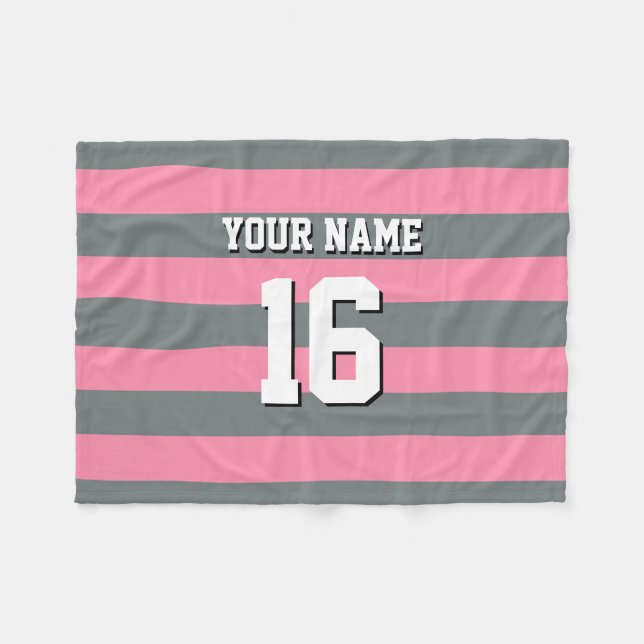 Flamingo Pink Charcoal Team Jersey Preppy Stripe Fleece Blanket (Front (Horizontal))