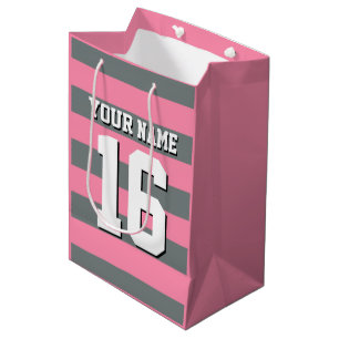 Flamingo Pink Charcoal Team Jersey Preppy Stripe Medium Gift Bag