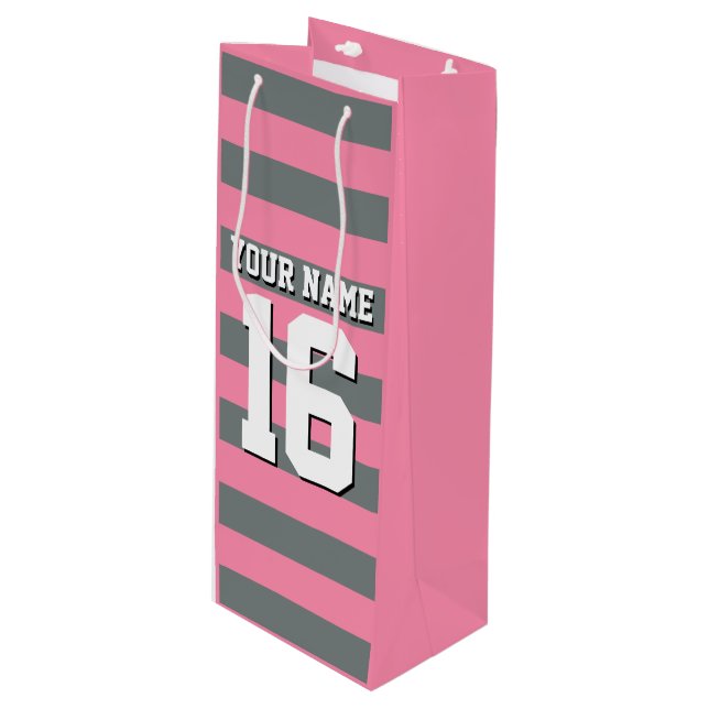 Flamingo Pink Charcoal Team Jersey Preppy Stripe Wine Gift Bag (Front Angled)
