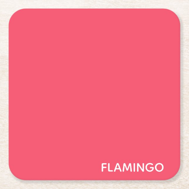 Flamingo pink colour name square paper coaster (Front)