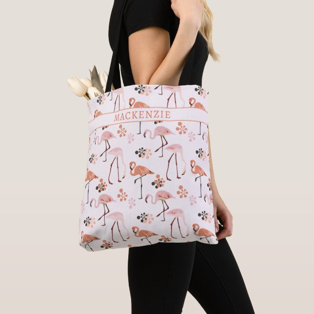 Flamingo Pink Coral Name Tote Bag (Close Up)