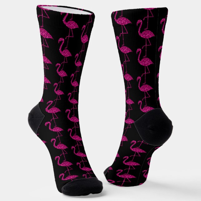 Flamingo Pink faux glitter sparkles pattern black Socks (Angled)