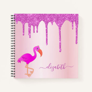 Flamingo pink glitter drips name girl notebook