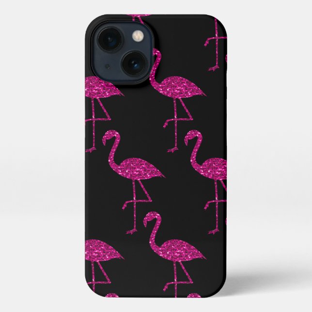 Flamingo pink glitter sparkles pattern black iPhone case (Back)