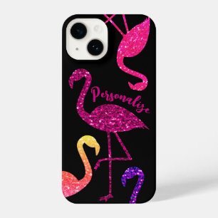 Flamingo pink glitter sparkles Personalise black iPhone 14 Case
