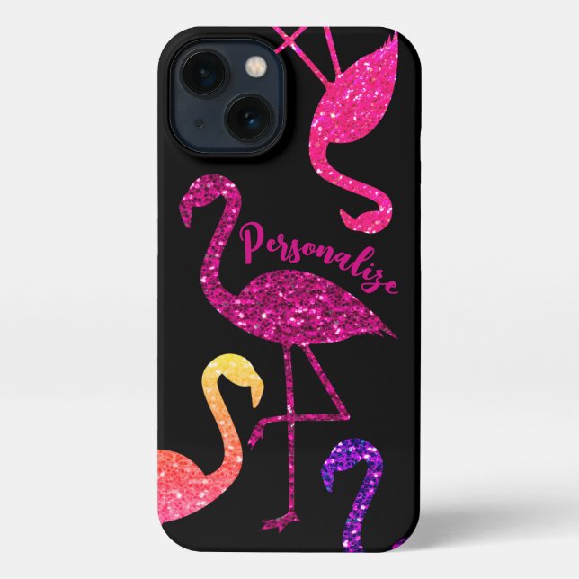 Flamingo pink glitter sparkles Personalise black iPhone Case (Back)