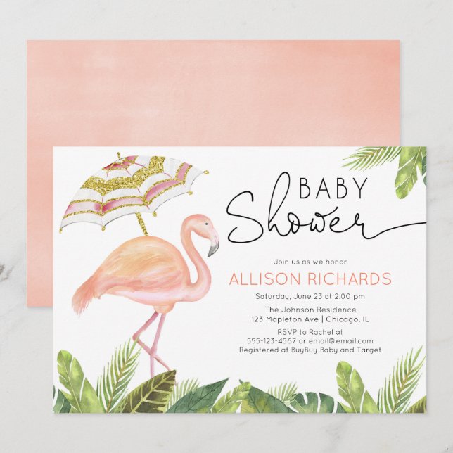 Flamingo pink gold girl baby shower invitation (Front/Back)