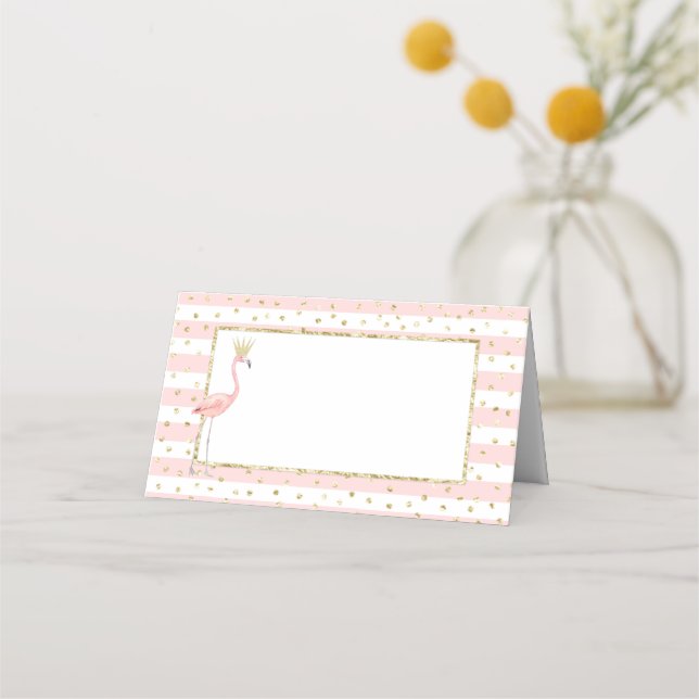 Flamingo pink gold small food tent place card (Front)
