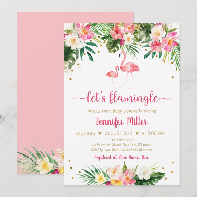 Flamingo Pink Gold Tropical Floral Baby Shower Invitation (Front/Back)