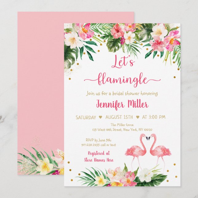 Flamingo Pink Gold Tropical Floral Bridal Shower Invitation (Front/Back)