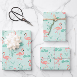 Flamingo Pink Green Tropical Birds Trendy Wrapping Paper Sheet
