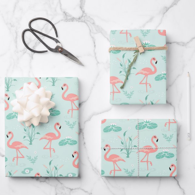 Flamingo Pink Green Tropical Birds Trendy Wrapping Paper Sheet (Front)