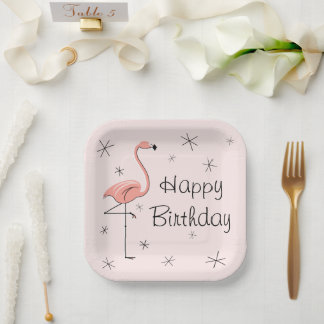 Flamingo Pink Happy Birthday square Paper Plate