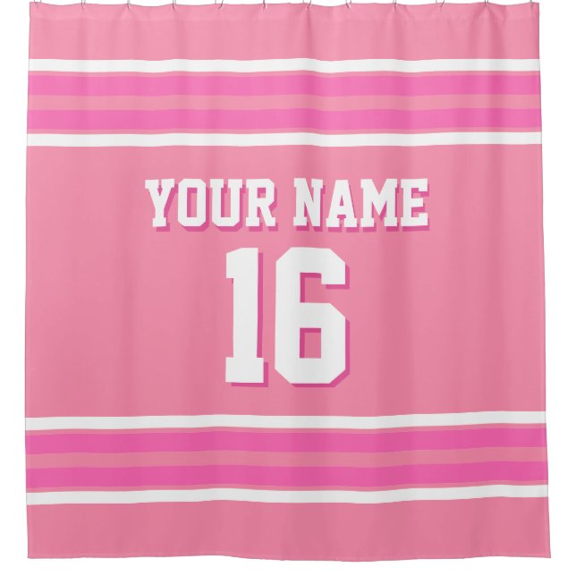 Flamingo Pink Hot Pink Wht Stripes Sports Jersey Shower Curtain (Front)