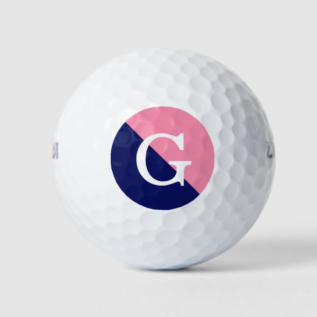Flamingo Pink Navy Blue 2 Tone Diag Init Monogram Golf Balls (Front)