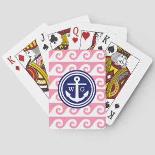 Flamingo Pink Navy Blue Wht Anchor Greek Key Waves Playing Cards