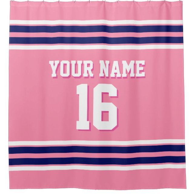 Flamingo Pink Navy White Stripes Sports Jersey Shower Curtain (Front)