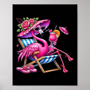 Flamingo Pink Palm Tree Tropical Beach Summer Vaca Poster