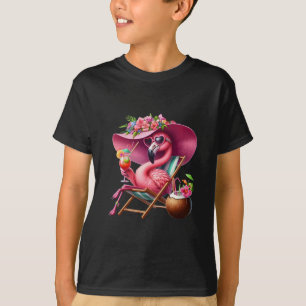 Flamingo Pink Palm Tree Tropical Beach Summer Vaca T-Shirt