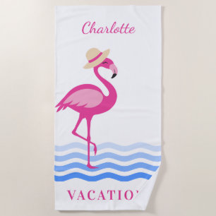 Flamingo pink sea waves monogram vacation beach towel