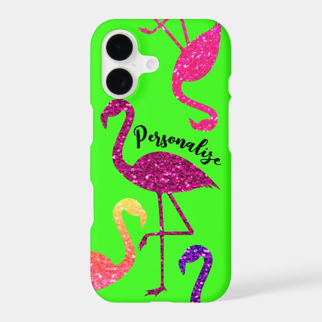 Flamingo pink sparkles Personalise neon green iPhone Case (Back)