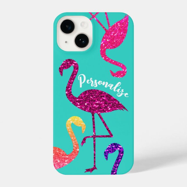 Flamingo pink sparkles Personalise turquoise iPhone Case (Back)