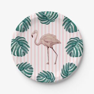 Flamingo Pink Stripe Birthday Tropical Paper Plate