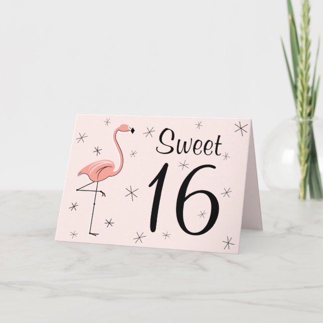 Flamingo Pink Sweet 16 Happy Birthday card (Front)
