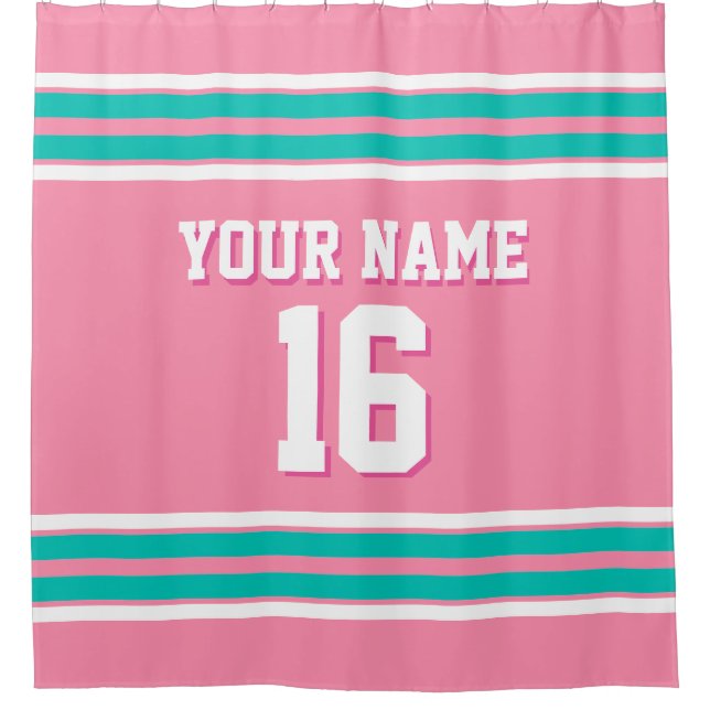 Flamingo Pink Teal White Stripes Sports Jersey Shower Curtain (Front)