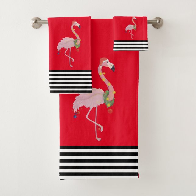 Flamingo Pink Tropical Christmas Stripe Bath Towel Set (Insitu)