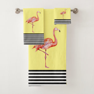 Flamingo Pink Tropical Teal Black White Fun Bath Towel Set