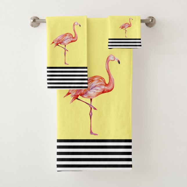 Flamingo Pink Tropical Teal Black White Fun Bath Towel Set (Insitu)