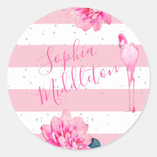 Flamingo Pink White Stripe Floral Chic Silver Classic Round Sticker