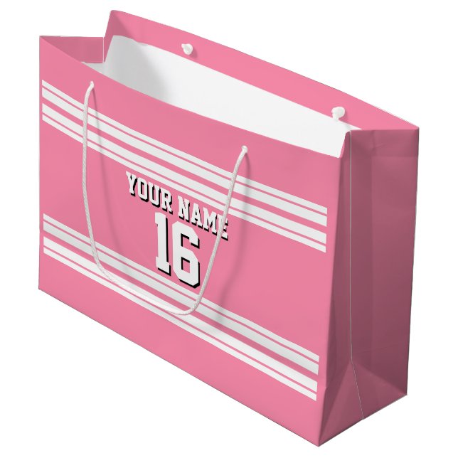 Flamingo Pink White Team Jersey Custom Number Name Large Gift Bag (Front Angled)