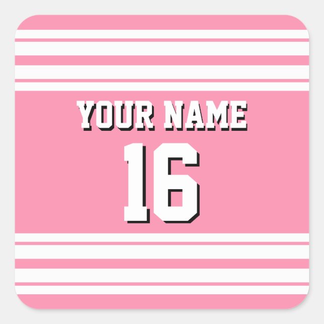 Flamingo Pink White Team Jersey Custom Number Name Square Sticker (Front)