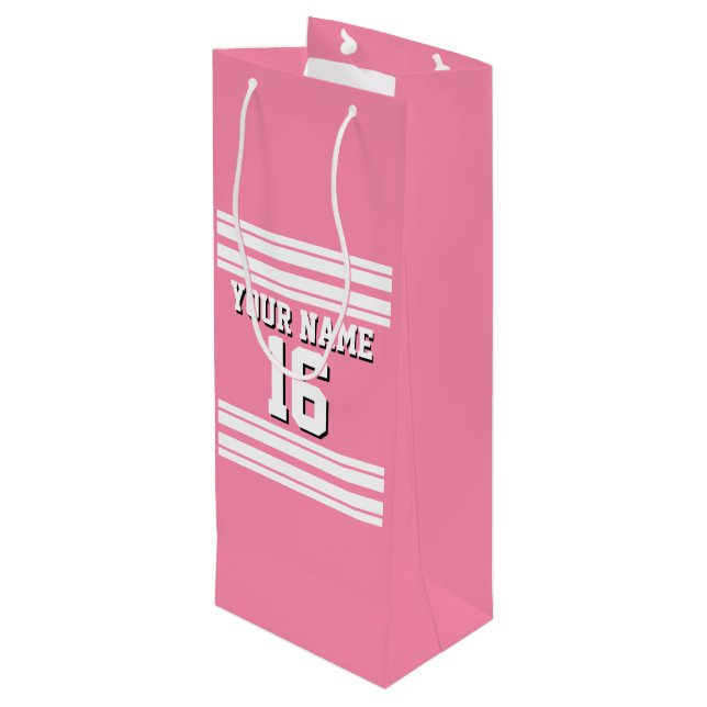 Flamingo Pink White Team Jersey Custom Number Name Wine Gift Bag (Back Angled)