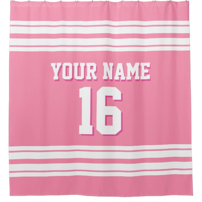 Flamingo Pink with White Stripes Sports Jersey Shower Curtain (Front)