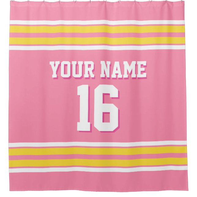 Flamingo Pink Yellow White Stripes Sports Jersey Shower Curtain (Front)