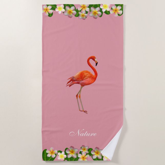 Flamingo & Plumeria Flowers on Rose Gold Pink Beach Towel (Front)